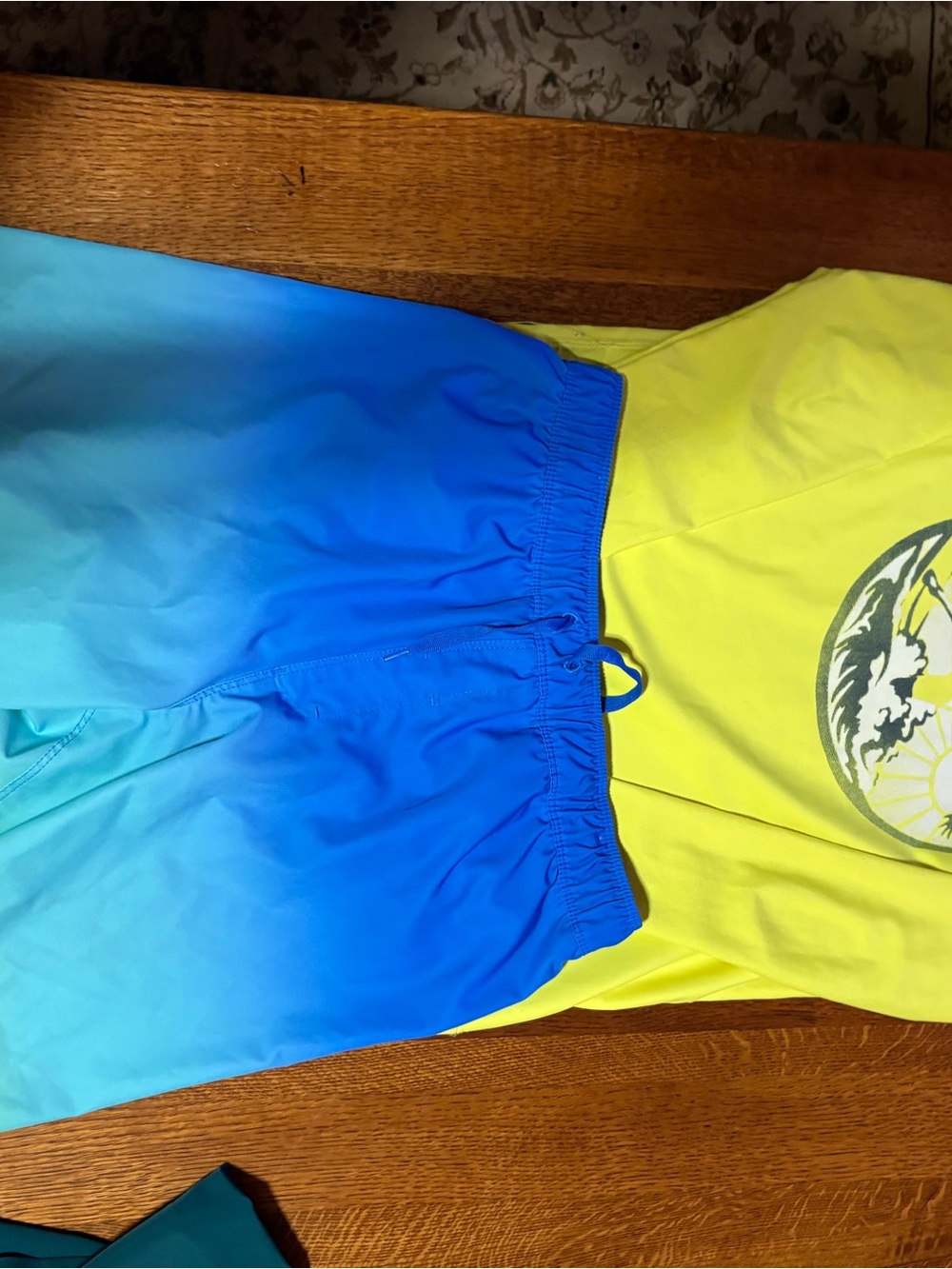 Blue Ombre Swim Shorts with rash guard Yellow Graphic shirt set